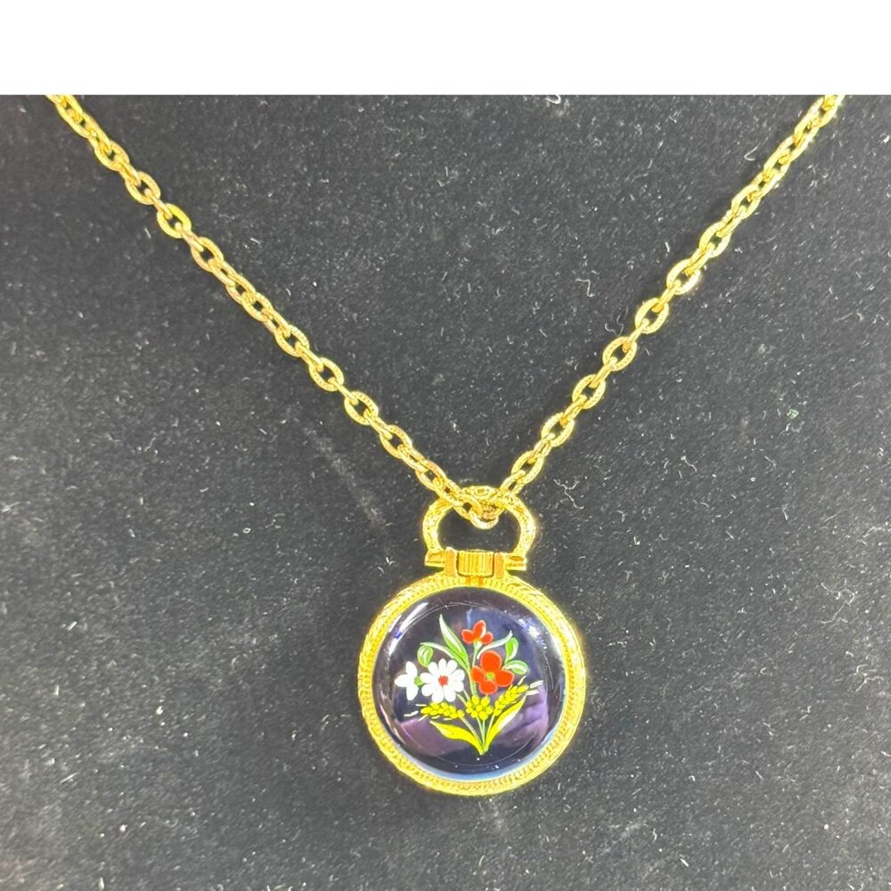 Vintage MAJESTIME Gold Enamel Floral Pendant Pocket Watch Necklace Roman Numeral
